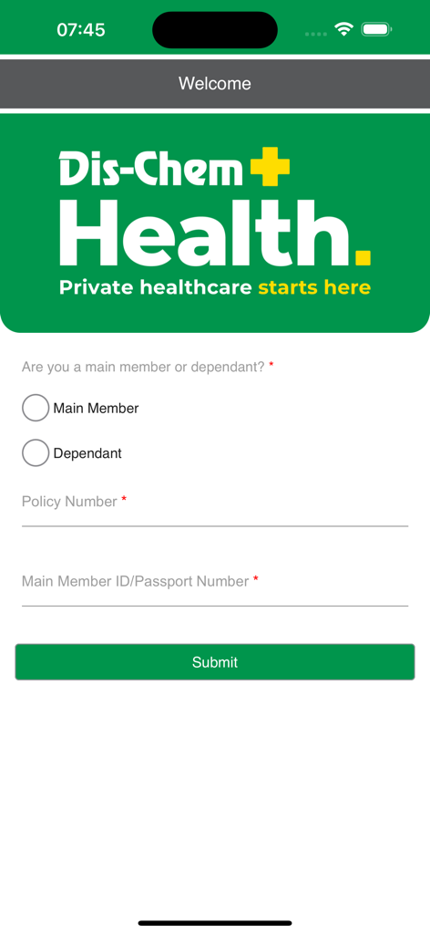 Dis-Chem Health - Dis-Chem Health app login and registration screen with member identification fields