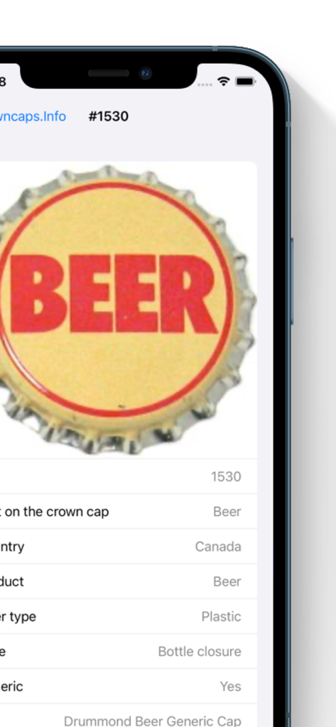 Crowncaps.Info - Detailed information page for a beer crown cap in the Crowncaps.Info mobile application