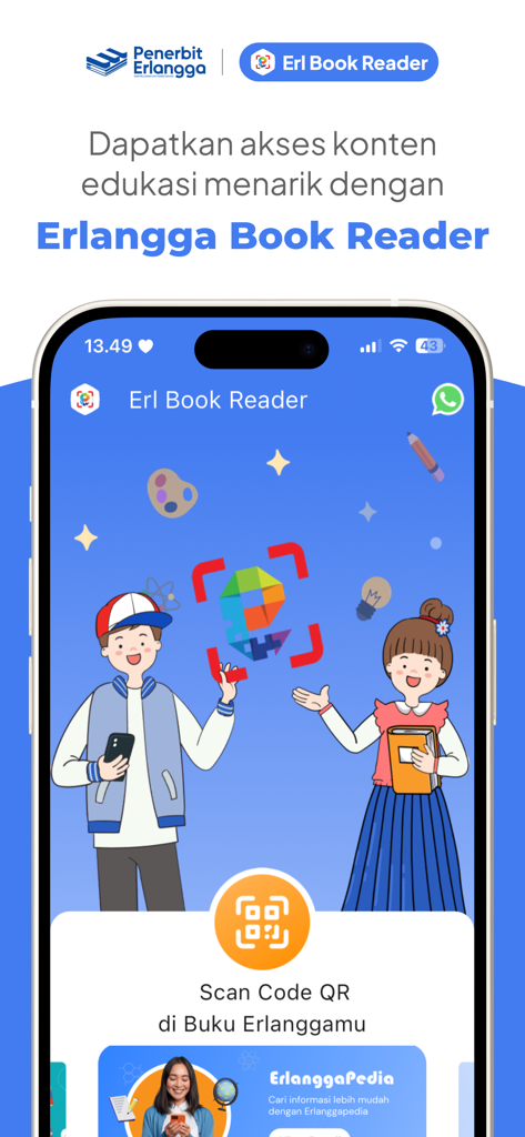 Erlangga QR Book Reader - Erlangga QR Book Reader app home screen featuring a large orange scan button and illustrated students.