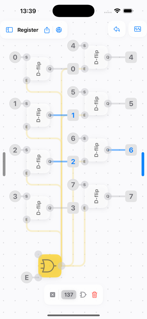 LogicalArt - Logic Gate Sim - A mobile interface showing a digital register circuit design with D-flip flops and logic gates.