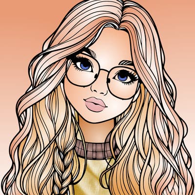 girl with long hair and freckles and glasses realistic