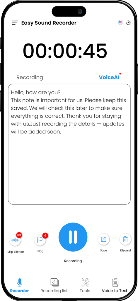 Interface of Easy Sound Recorder showing live voice to text transcription and recording controls.