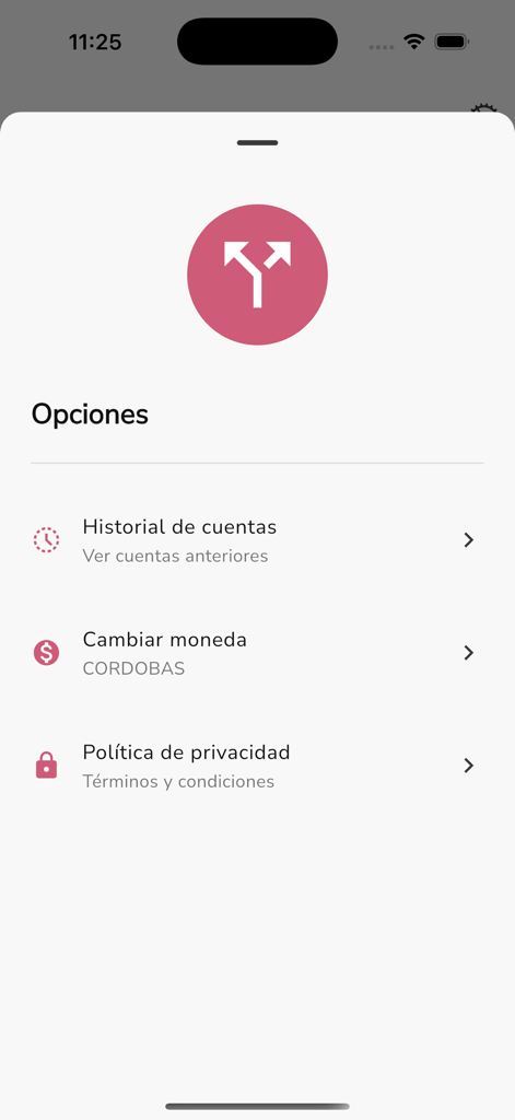 Menu des options de l'application Cuenta Clara montrant les paramètres de l'historique du compte, de la devise et des politiques de confidentialité.