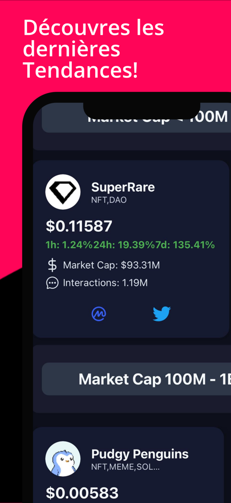 Blocks Crypto app interface displaying real-time market trends and data for digital assets like SuperRare and Pudgy Penguins.