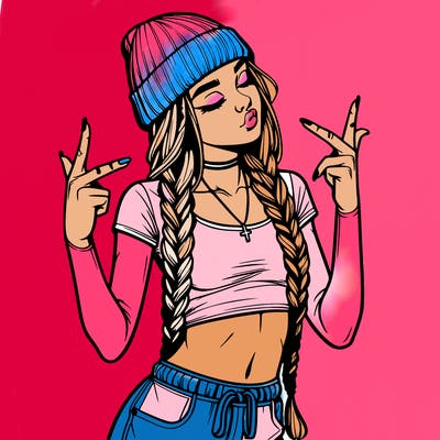 realistic teenage girl with braids and a beanie and crop top doing 🫶🏼