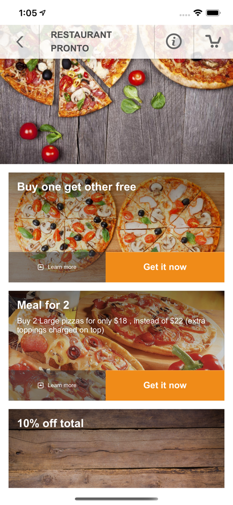 Pantalla de la aplicación FoodBooking que muestra ofertas especiales de pizza y descuentos para un restaurante local