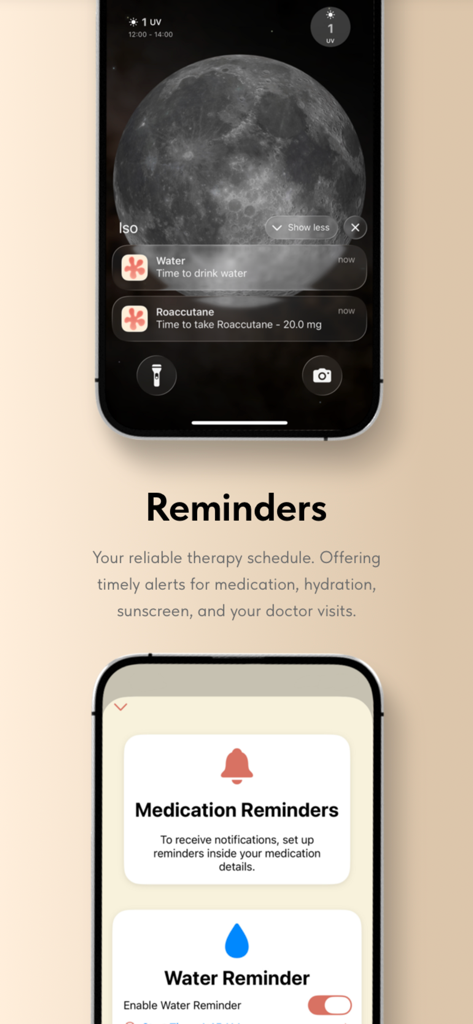 Iso - Capturas de pantalla de la aplicación Iso que muestran notificaciones en pantalla de bloqueo para Roaccutane y la ingesta de agua, además de la configuración de recordatorios dentro de la aplicación.