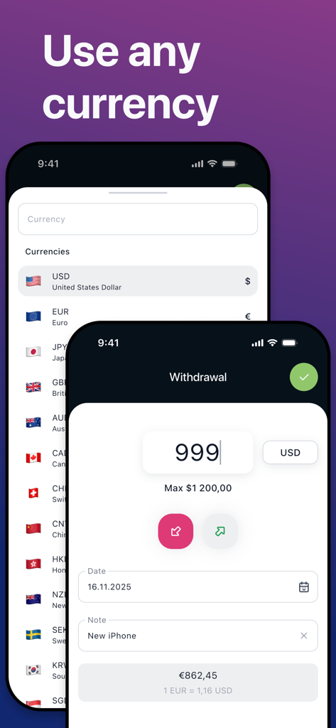 Interfaz de la aplicación Rastreador de Deudas y Ahorros mostrando una lista de divisas internacionales y una pantalla de retiro con conversión automática de divisas para una meta de ahorro