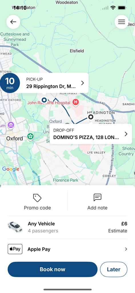 Royal Cars Oxford mobile app booking screen showing map pickup and dropoff locations and fare estimate