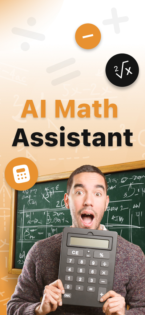Fraction Calculator: Math Help - AI Math Assistant screen with a surprised man holding a calculator in front of a math chalkboard