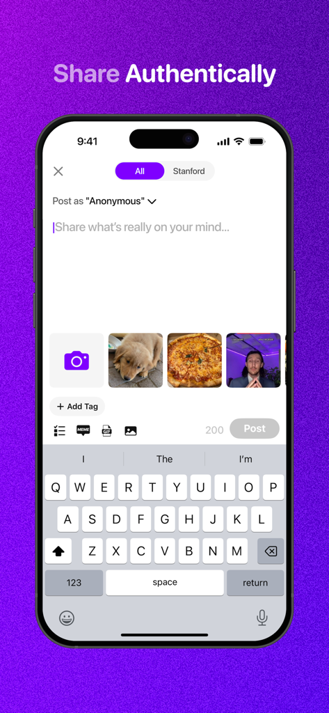 Interface of the Fizz app showing a user creating an anonymous post with text and images