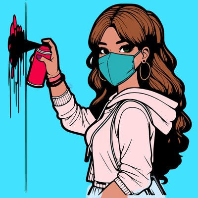 realistic girl with mask spray painting a wall