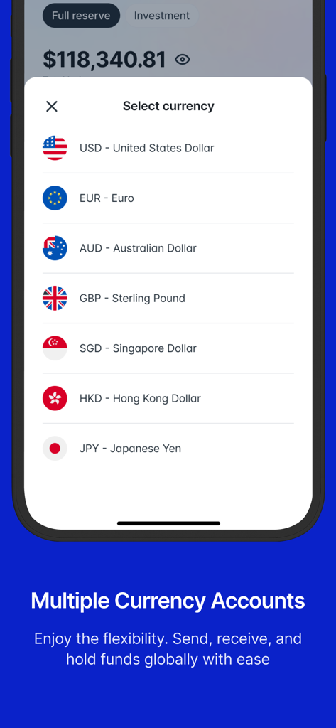 ORO Bank app interface showing a selection of international currencies for global banking