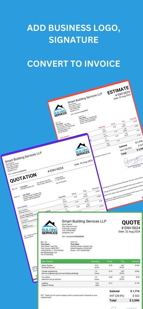 Professional business estimates and quotes with custom logos and signatures