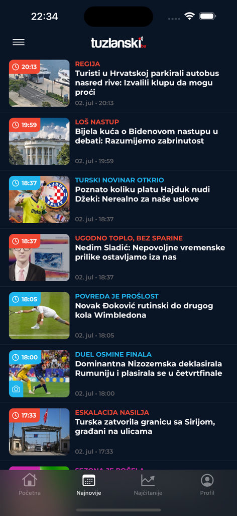 Tuzlanski.ba mobile app news feed showing a list of latest articles with images and titles in Bosnian.