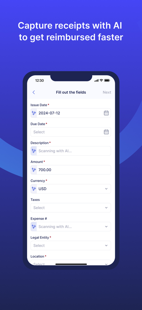 Precoro - Precoro mobile app interface showing automated receipt data entry with AI