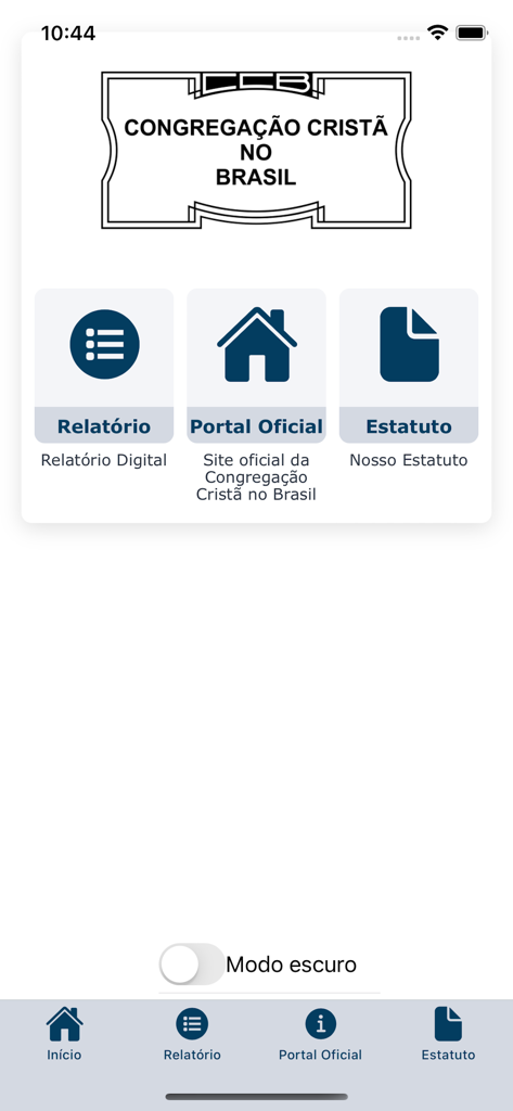 Menu principal do aplicativo CCB Relatório Digital mostrando opções para o relatório da igreja, portal oficial e estatutos.