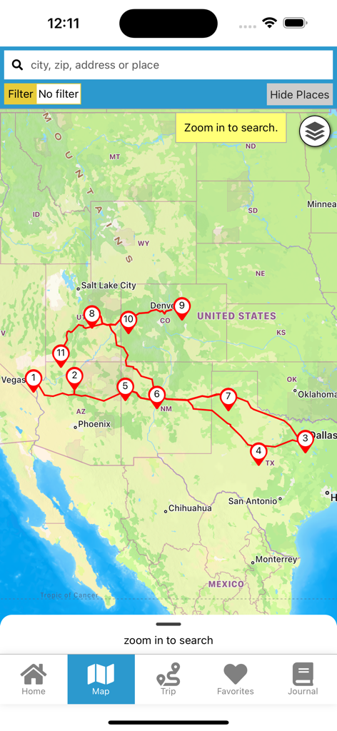 A map interface in the RV Parky app showing a multi-stop travel route across the United States