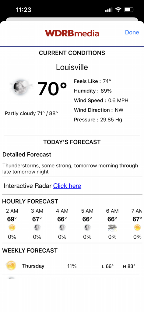 WDRB+ - WDRB plus mobile app displaying current weather conditions, hourly forecast, and weekly outlook for Louisville Kentucky