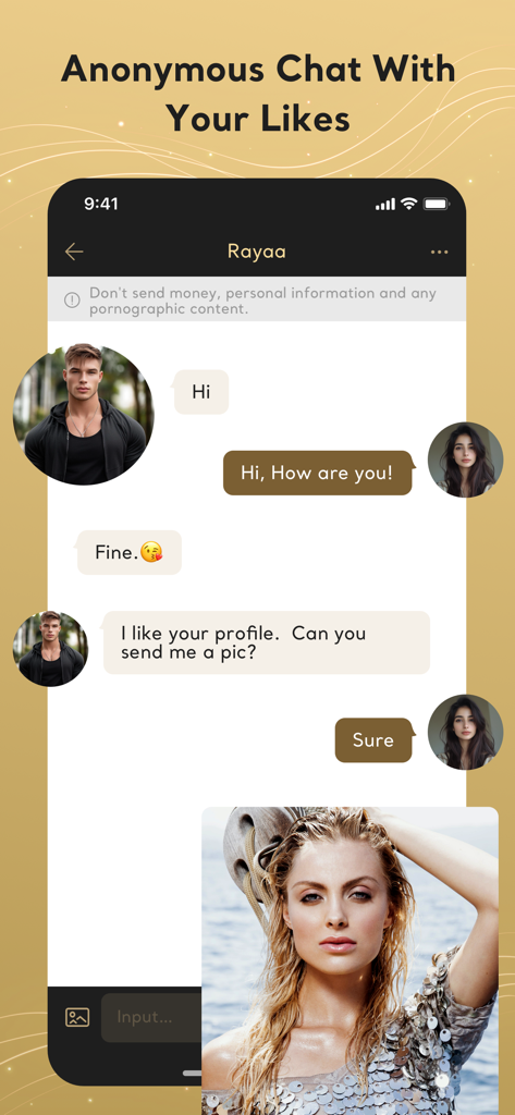 Interfaz de chat anónimo en la aplicación AGR de citas de élite con una conversación de texto y una foto compartida