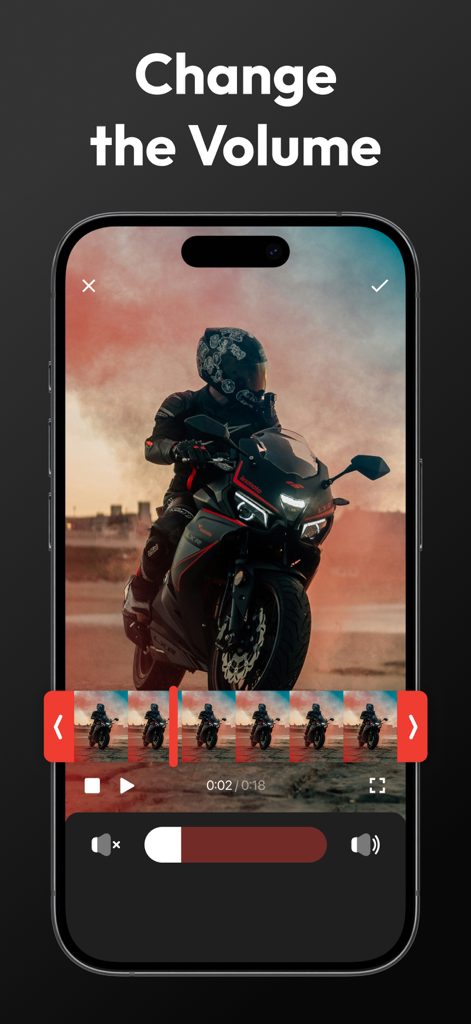 Video Speed Editor,Changer App - 아이폰 화면, 동영상 속도 편집기 앱의 볼륨 조절 인터페이스, 오토바이 동영상 표시