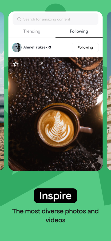 Pexels mobile app interface showing a high-quality coffee photo and the inspire section for creators.