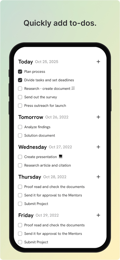 ByDesign: ToDo List & Calendar - Una pantalla de teléfono móvil que muestra la aplicación ByDesign con una lista de tareas semanal y casillas de verificación organizadas por fecha.