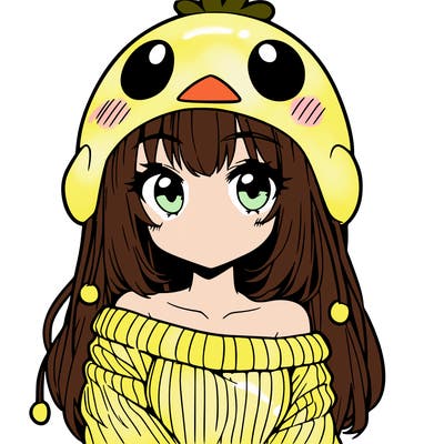 anime girl with chick shaped hat with sweater with bare shoulders with bangs covering them one eye with low tail