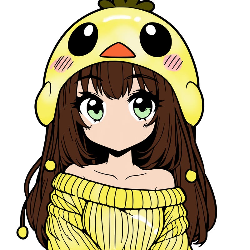 anime girl with chick shaped hat with sweater with bare shoulders with bangs covering them one eye with low tail