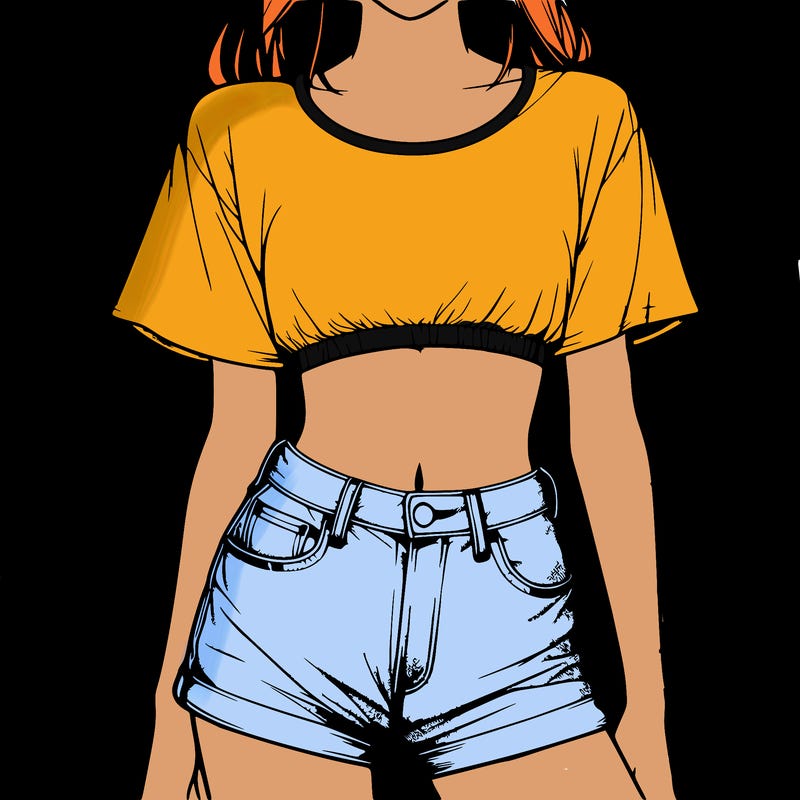 relistic girl with a cropped t shirt and jean shorts