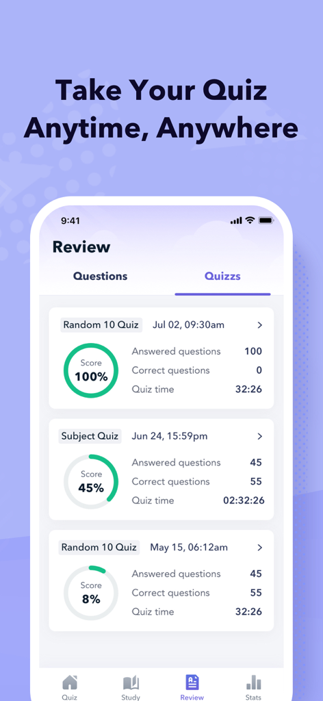 ISC2 certification prep app quiz history screen showing scores and review statistics.