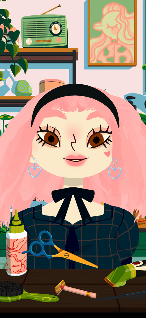 A character with pink hair and heart earrings sitting at a styling station with scissors and razors in Toca Boca Hair Salon 4