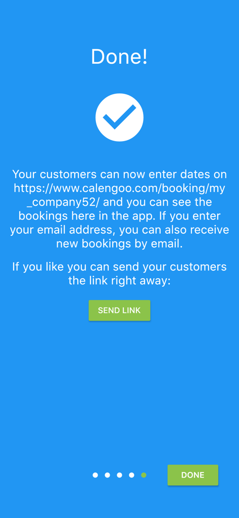 Confirmation screen showing the completed setup of an appointment booking system with a shareable link
