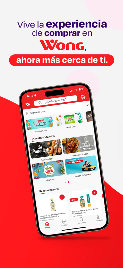 Supermercados Wong mobile app home screen showing grocery categories and product recommendations