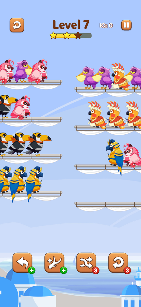 Bird Sort 2 Color Puzzle Game - Gameplay of Bird Sort 2 showing colorful dressed birds sitting on platforms in a sorting puzzle