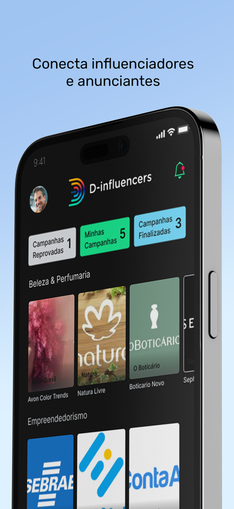 D-Influencers - Smartphone screen showing the D-Influencers app interface with sections for beauty campaigns and entrepreneurship brands