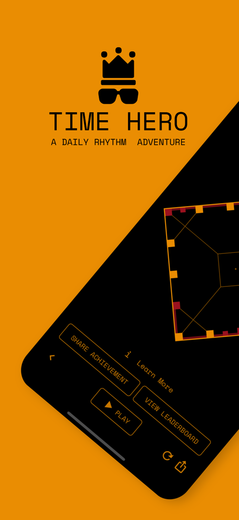 Time Hero daily rhythm game menu with a crown icon and play button