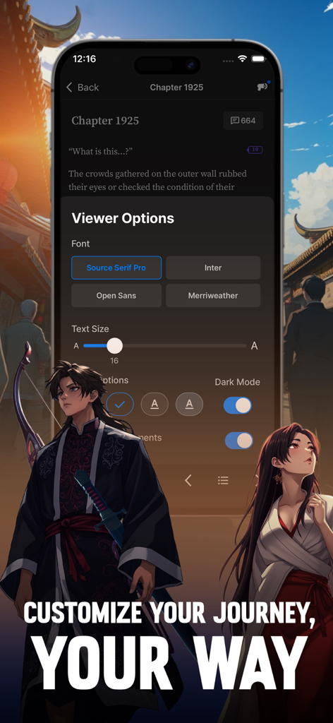 Wuxiaworld-App-Oberfläche, die Optionen für Schriftart und Textgrößenanpassung zeigt