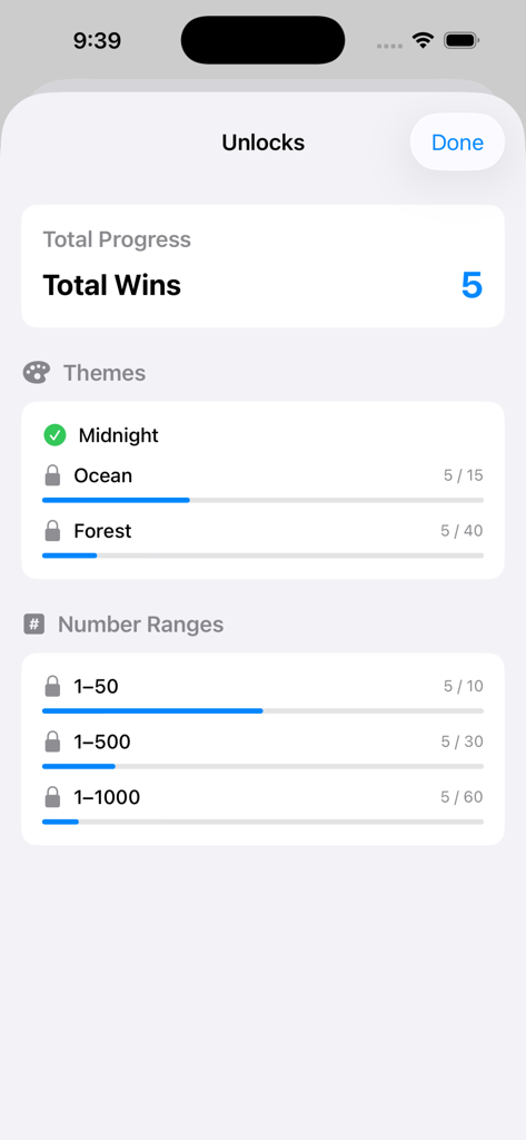 Simply Guess The Number - Unlocks screen showing progress for themes and number ranges in Simply Guess The Number.