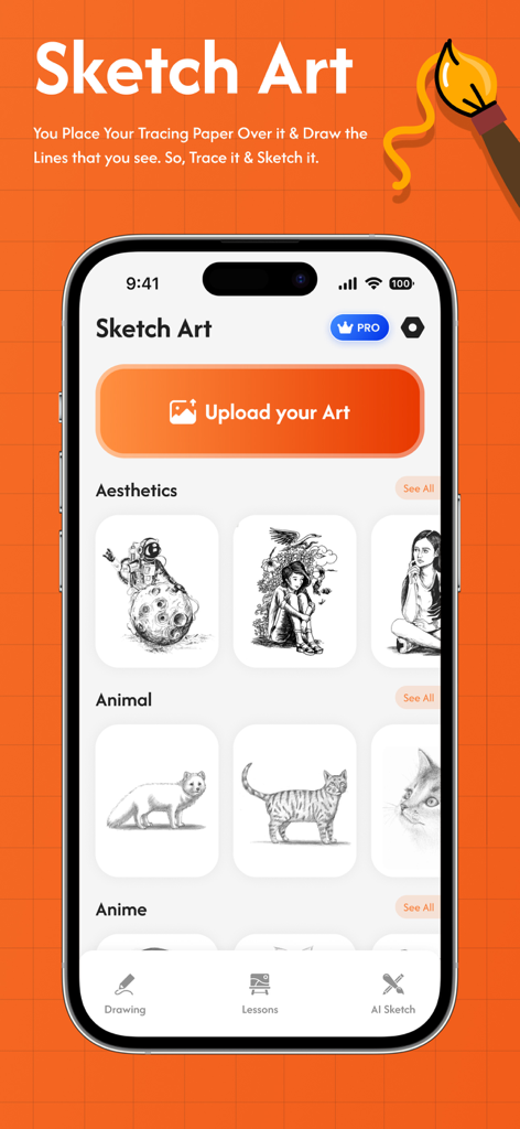 AR Drawing Sketch - Draw Anime - Mobile app interface showing categories for anime animal and aesthetic sketches to trace
