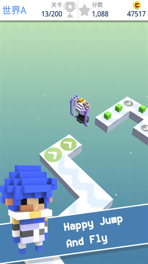 Voxel character jumping on a zigzag path in the Jump and Walk mobile game.