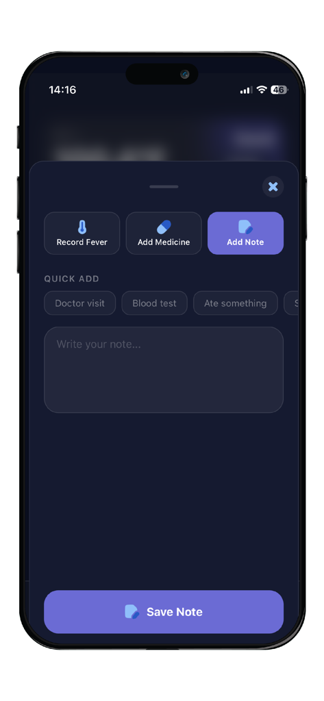 Fevly - Fevly app interface showing the add note section with medical quick tags