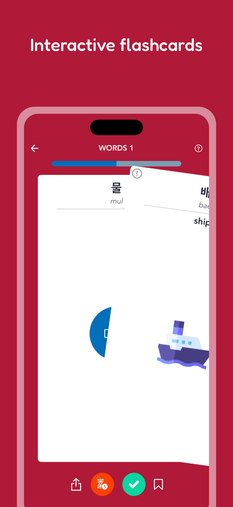 Learn Korean: Vocab & Words - Mobile app interface with interactive Korean vocabulary flashcards featuring images and Hangul text