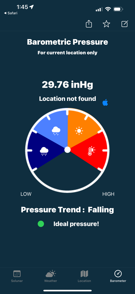 Fishing Solunar Calendar - Interface de pression barométrique dans l'application Calendrier Solunaire de Pêche indiquant des conditions de pêche idéales