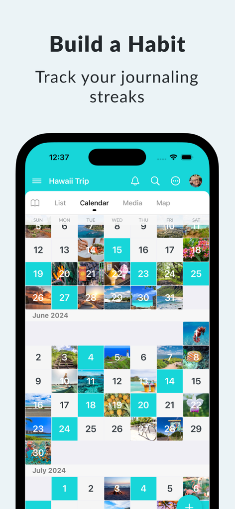 Day One: Daily Journal & Diary - Day One app calendar view showing journaling streaks and daily entry photos