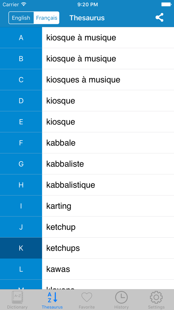 French To English & English to French Dictionary - Alphabetical word list in the French thesaurus section of the dictionary app