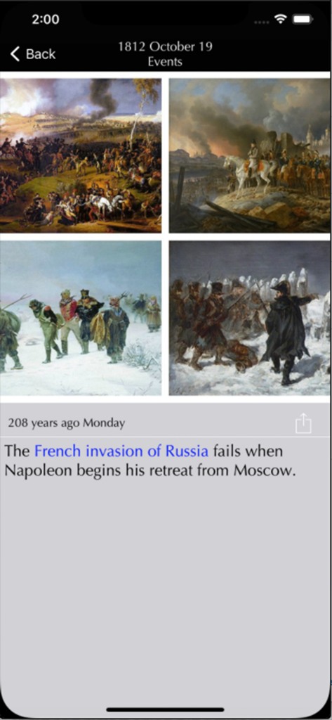 Schermata dell'app History che mostra il fallimento dell'invasione francese della Russia con la ritirata di Napoleone da Mosca