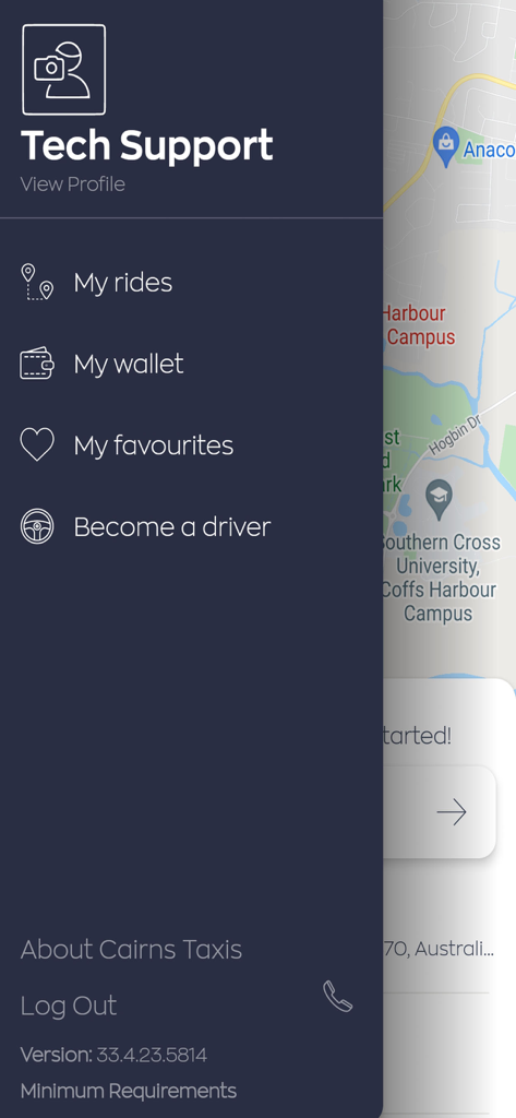 Screenshot of the Cairns Taxis Booking App side navigation menu showing profile options and map background