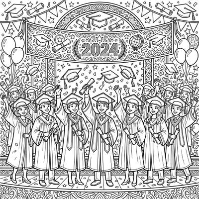 Capture the excitement of graduation with this detailed coloring page, featuring a cheerful group of 2024 graduates celebrating their achievement. Perfect for marking this special milestone with a creative activity.
