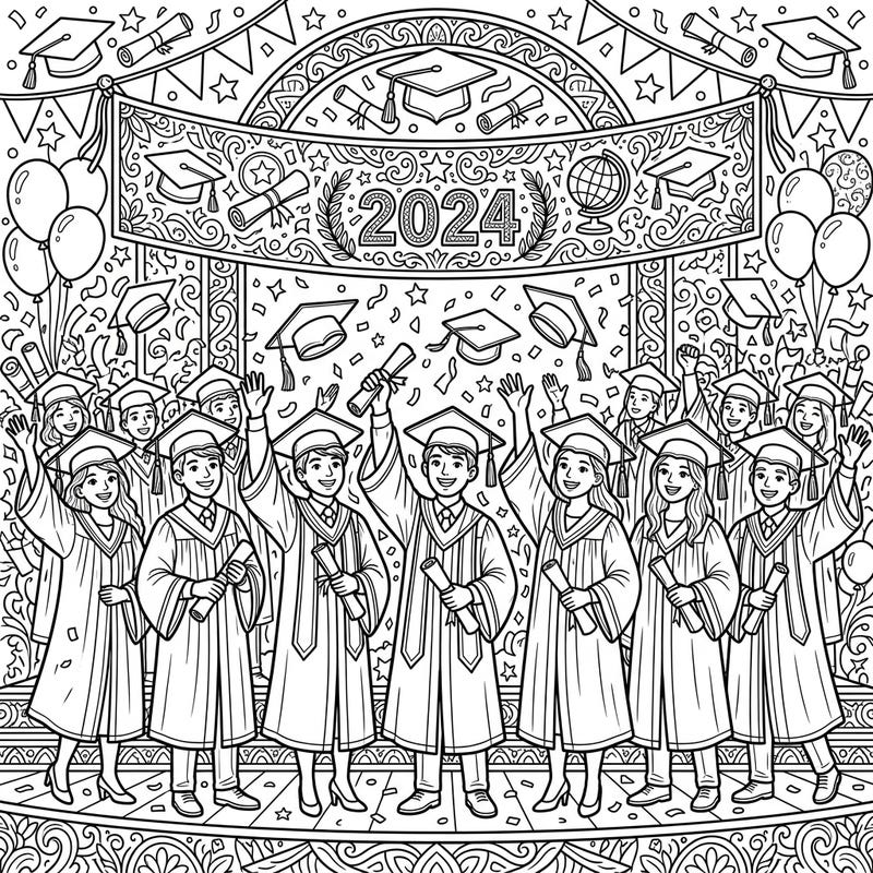 Capture the excitement of graduation with this detailed coloring page, featuring a cheerful group of 2024 graduates celebrating their achievement. Perfect for marking this special milestone with a creative activity.